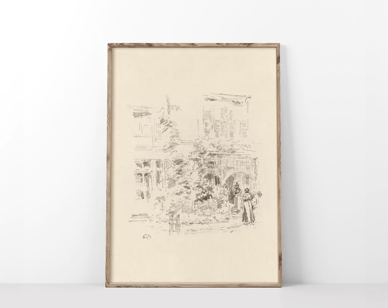 May include: A black and white line drawing of a building with a courtyard and two people standing in the courtyard.