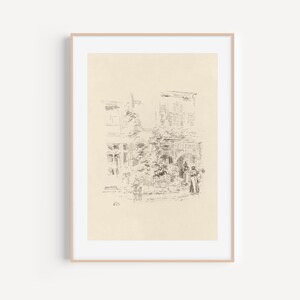 May include: A black and white line drawing of a building with a tree in front of it. There are people standing in front of the building.