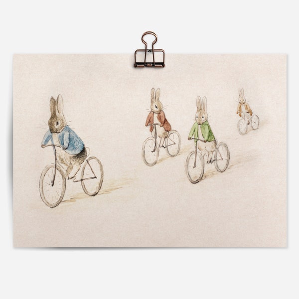 TÉLÉCHARGEMENT NUMÉRIQUE IMPRIMABLE | Lapins motards | Ancienne illustration Beatrix Potter de lapins faisant du vélo | décoration de chambre d'enfant vintage | 048D