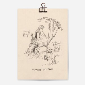 May include: Black and white illustration of a girl playing a flute while sitting on a tree branch. Three sheep are in the scene. The text "LITTLE BO-PEEP" is at the bottom of the image.
