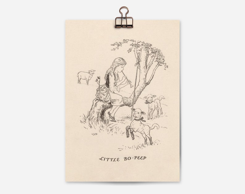May include: Black and white illustration of a girl playing a flute while sitting on a tree branch. Three sheep are in the scene. The text "LITTLE BO-PEEP" is at the bottom of the image.