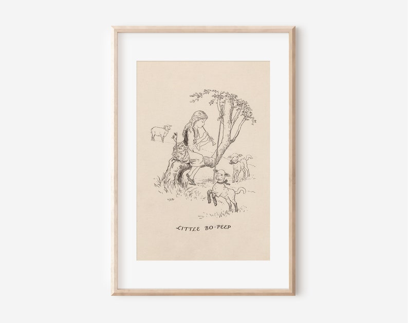 May include: Black and white illustration of a girl sitting in a tree with three sheep. The text "Little Bo-Peep" is below the image.