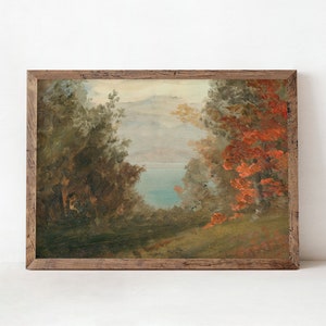 IMPRESIÓN DE PÓSTER / Pintura de paisaje otoñal cálido / Arte rústico vintage de otoño con lago y bosque / Decoración de granja / 001P