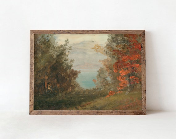 POSTER PRINT | Warm Autumn Landscape Painting | Vintage Rustic Fall Art with Lake and Woods | Farmhouse Decor | 001P