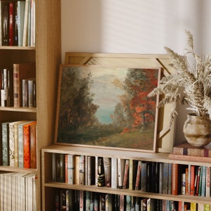 May include: A framed landscape painting with a view of a lake and trees. The painting is hanging on a wall with a bookshelf below it. The bookshelf is filled with books and has a vase with dried flowers on top.