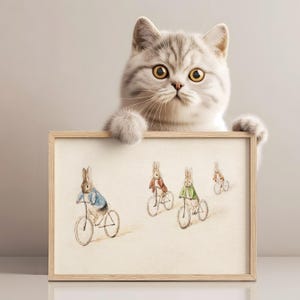 DESCARGA DIGITAL / Conejitos moteros / Ilustración antigua de Beatrix Potter de conejitos en bicicleta / Decoración vintage para habitación infantil / 048D