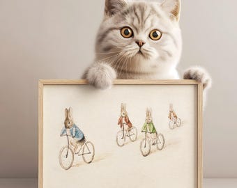 Beatrix Potter, Hasen auf Fahrrädern, Vintage druckbare Zeichnung, Vintage Peter Rabbit Kunst, Druckbare Illustration, Babyshower Geschenk-048D