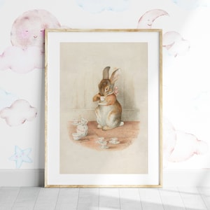 Beatrix Potter Poster Print, Antique Illustration of a Cute Rabbit Drinking Tea, Vintage Peter Rabbit Nursery Wall Art, Babyshower Gift-113P