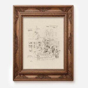 May include: A black and white pencil drawing of a building with a courtyard. The drawing is framed in a dark wood frame.