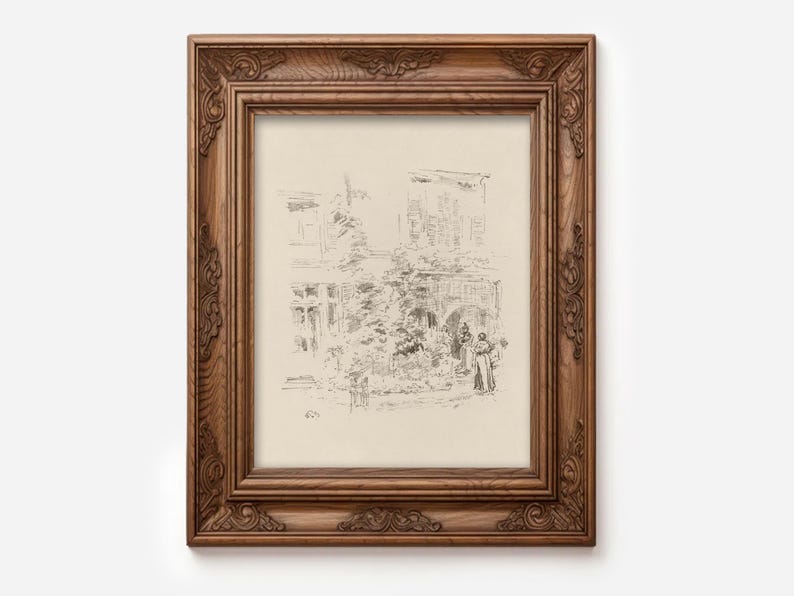 May include: A black and white pencil drawing of a building with a courtyard. The drawing is framed in a dark wood frame.