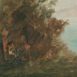 May include: A painting of a landscape with a large tree in the foreground and a body of water in the background. The tree is painted in shades of brown and green, and the water is a light blue.