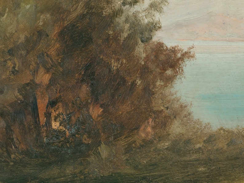 May include: A painting of a landscape with a large tree in the foreground and a body of water in the background. The tree is painted in shades of brown and green, and the water is a light blue.