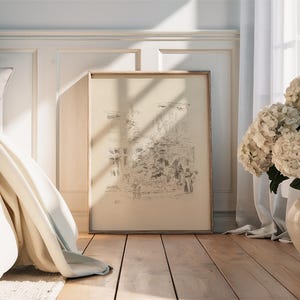 May include: A white bed with a white blanket and a white pillow. A framed black and white drawing of a building is on the wall behind the bed. A bouquet of white hydrangeas is in a white vase on the floor next to a white curtain.