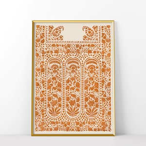 May include: A framed print of an orange and white floral pattern. The pattern is intricate and features a repeating design of flowers and leaves.