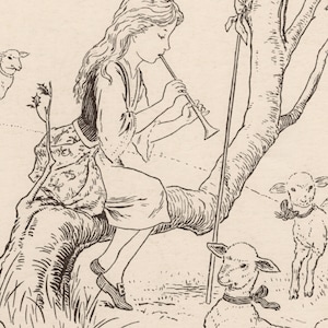 May include: A young girl sits on a tree branch playing a flute while three white lambs look on. The girl is wearing a long dress with a floral pattern and has long hair. The tree branch is bare and has a few leaves on it.