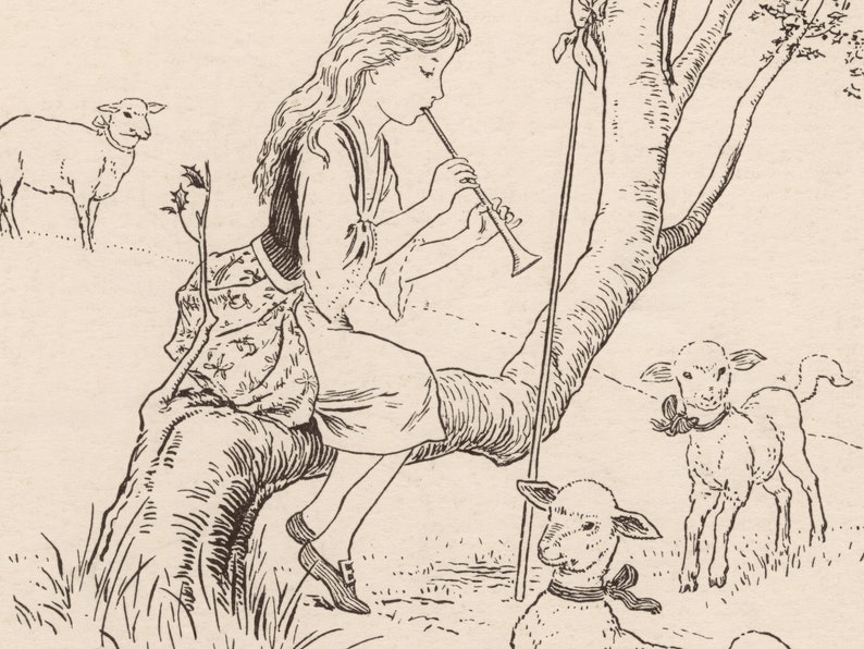 May include: A young girl sits on a tree branch playing a flute while three white lambs look on. The girl is wearing a long dress with a floral pattern and has long hair. The tree branch is bare and has a few leaves on it.