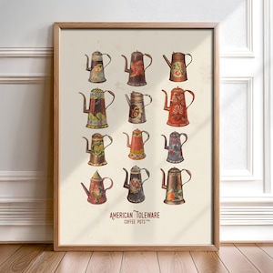May include: A vintage poster featuring a collection of 12 American Toleware coffee pots. The pots are painted in various colors and patterns, including red, blue, green, and yellow. The poster is titled "American Toleware Coffee Pots".