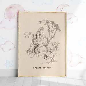 May include: Black and white illustration of a girl sitting in a tree with three sheep. The text "Little Bo-Peep" is at the bottom of the image.