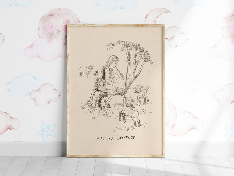 May include: Black and white illustration of a girl sitting in a tree with three sheep. The text "Little Bo-Peep" is at the bottom of the image.