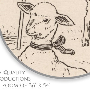 May include: Black and white line drawing of a lamb wearing a ribbon around its neck. The lamb is looking to the left of the image. The drawing is on a light beige background.