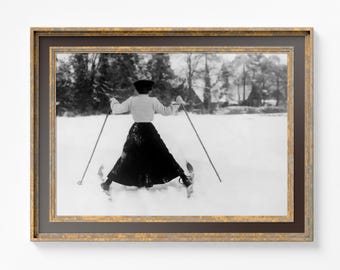 Photo ancienne drôle en téléchargement numérique, skieuse victorienne, oeuvre hivernale humoristique imprimable-155D
