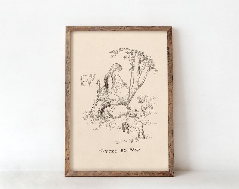 May include: A black and white illustration of a girl sitting on a tree branch playing a flute. She is surrounded by three sheep. The image is framed in a brown wooden frame and the text "LITTLE BO-PEEP" is printed below the image.
