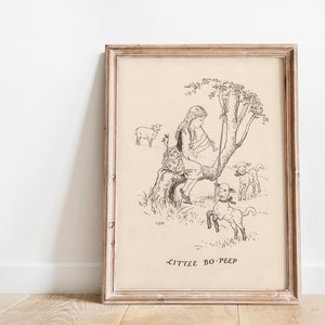 May include: Black and white illustration of a girl playing a flute while sitting on a tree branch. She is surrounded by sheep. The text "Little Bo-Peep" is written below the image.