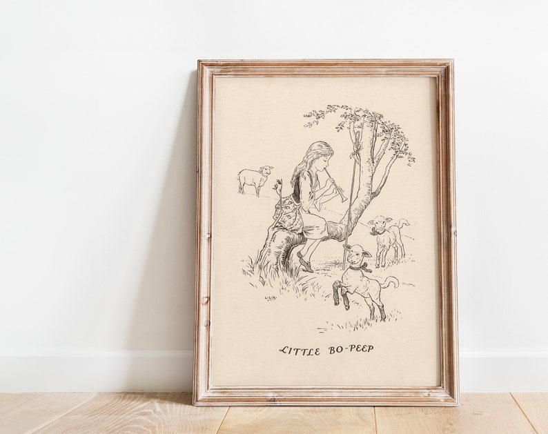 May include: Black and white illustration of a girl playing a flute while sitting on a tree branch. She is surrounded by sheep. The text "Little Bo-Peep" is written below the image.