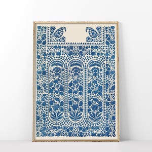 POSTER PRINTS | Blue Indian Scarf End | Antique Embroidery Wall Art | Vintage Illustration Wall Decor | 052P