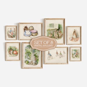 May include: A set of eight framed digital art prints featuring vintage illustrations of rabbits and other woodland creatures. The prints have a soft, muted color palette and are arranged in a gallery wall style. The text "SET OF 8 DIGITAL GALLERY" is displayed.