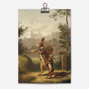 May include: A painting of two brown rabbits walking through a forest. The rabbit in the front is carrying a stick and a red bag. The rabbit in the back is holding onto the front rabbit's back. The painting is set against a backdrop of a castle in the distance.