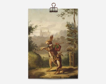 DIGITAL DOWNLOAD | Traveling Bunnies | Antique Painting of Two Hares with a Knapsack | Vintage Rabbit Animal Art Decor | 099D