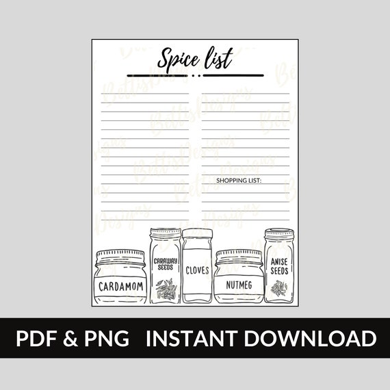 Spice List Printable 8.5x11 Kitchen Inventory Organization - Etsy