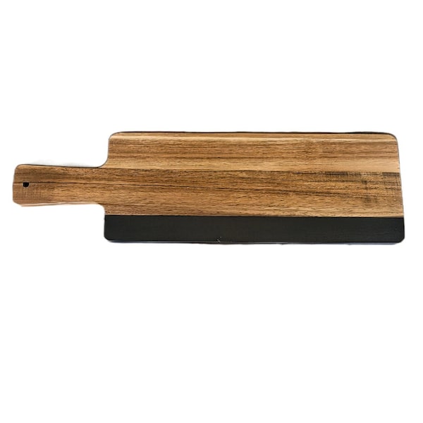 Large Acacia/Bamboo Wood and Black Slate Charcuterie/Bread Board with Handle