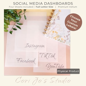 May include: A collection of social media dashboards with the names of Instagram, Facebook, TikTok, and YouTube. The dashboards are on vellum paper and are full letter size. A notebook with floral designs and the text "Choose Your Custom Labels!" is also visible.