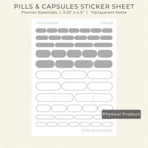 May include: A transparent matte sticker sheet labeled "Pills & Capsules" with gray pill and capsule shapes. The sheet measures 3.25" x 4.5" and is designed for planner essentials. The color is charcoal.