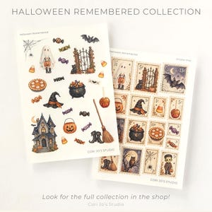 Op de afbeelding: Twee stickervellen getiteld Halloween Remembered Collection van Cori Jo's Studio. De vellen bevatten illustraties van spoken, pompoenen, vleermuizen, een spookhuis, een ketel, snoep, een bezem en postzegelontwerpen met Halloween-thema's.
