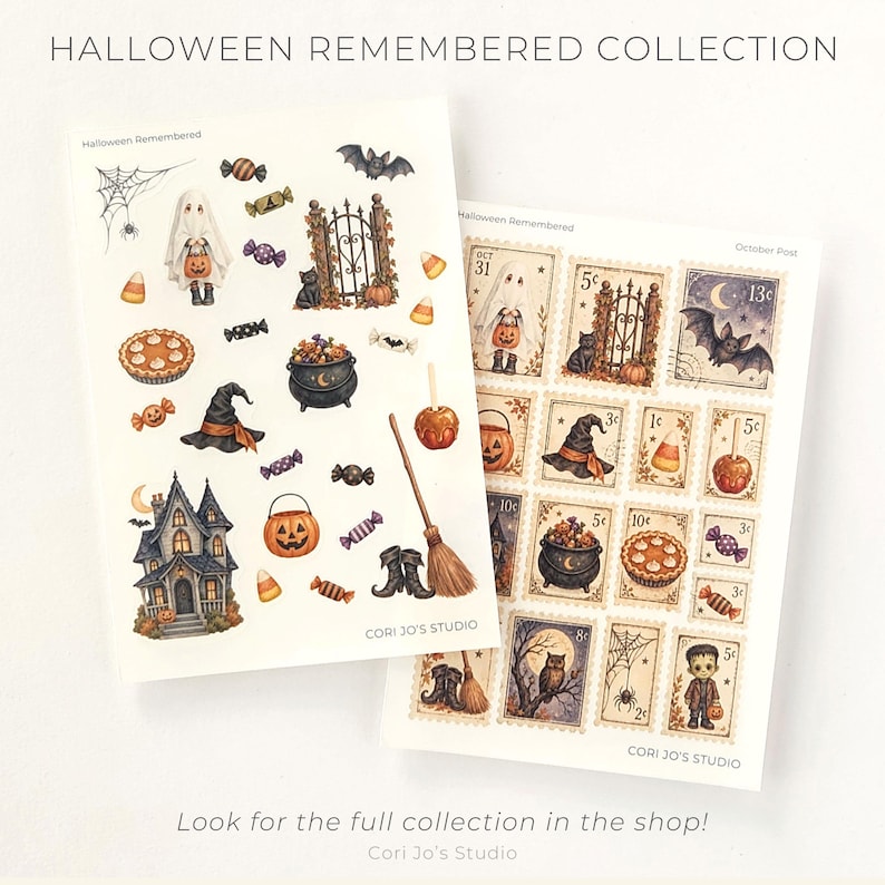 Op de afbeelding: Twee stickervellen getiteld Halloween Remembered Collection van Cori Jo's Studio. De vellen bevatten illustraties van spoken, pompoenen, vleermuizen, een spookhuis, een ketel, snoep, een bezem en postzegelontwerpen met Halloween-thema's.
