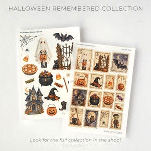 May include: Two sticker sheets from the Halloween Remembered collection featuring illustrations of a ghost, a bat, a black cat, a haunted house, a pumpkin bucket, a cauldron, candy corn, a witch hat, and postage stamp designs with various icons.