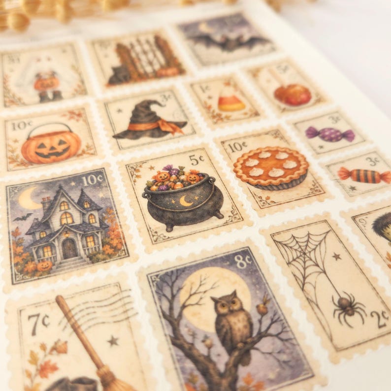 Op de afbeelding: Een vel met rechthoekige stickers in postzegelstijl met Halloween-illustraties, waaronder een pompoen, heksenhoed, suikerma&iuml;s, pompoentaart, spookhuis, ketel, uil, spinnenweb en bezemsteel, elk voorzien van een numerieke waarde.