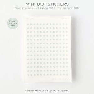 May include: A sheet of transparent matte mini dot stickers measuring 3.25 inches by 4.5 inches. The sheet features a grid of pale aqua circular stickers, each approximately 2.8 to 2.9 mm in diameter. The text reads MINI DOT STICKERS.