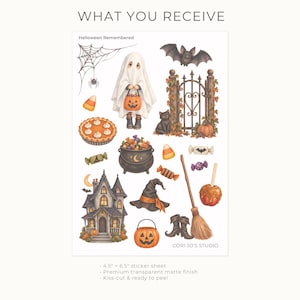 May include: A 11.43 by 16.51 cm sticker sheet titled Halloween Remembered by Cori Jo's Studio. The sheet features illustrations of a ghost, a bat, a haunted house, a black cat, a cauldron, a witch hat, a broom, candy, and a pumpkin bucket.