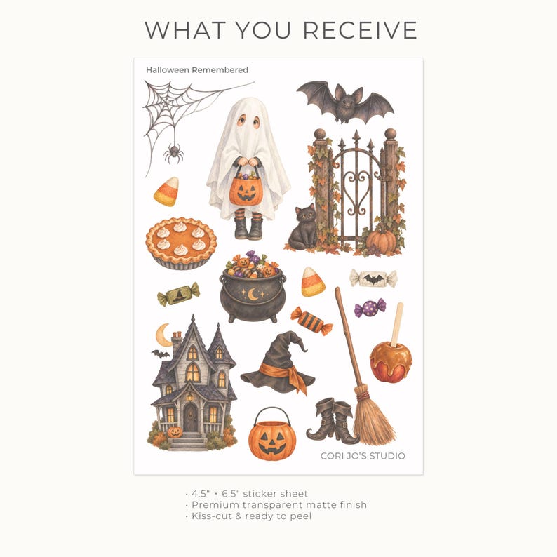 May include: A 11.43 by 16.51 cm sticker sheet titled Halloween Remembered by Cori Jo's Studio. The sheet features illustrations of a ghost, a bat, a haunted house, a black cat, a cauldron, a witch hat, a broom, candy, and a pumpkin bucket.