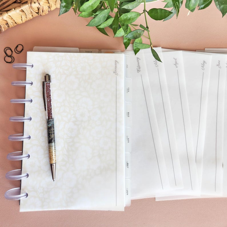 May include: A white planner with a clear plastic spiral binding and a pen with a sparkly design. The planner has tabs for each month of the year, with the month of January visible. The planner is on a light pink surface.