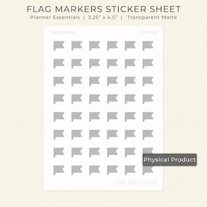 May include: A sticker sheet with gray flag-shaped planner markers. The sheet is labeled "FLAG MARKERS STICKER SHEET" and includes the text "Planner Essentials | 3.25" x 4.5" | Transparent Matte". The stickers are charcoal gray.
