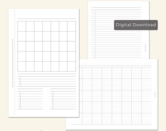 Könnte beinhalten: Ein monatlicher 4-seitiger ausklappbarer Einleger als digitaler Download im Half-Letter-Format. Die undatierten Planerseiten zeigen schwarze Linien auf weißem Grund, inklusive Kalenderraster, linierter Notizbereiche und dem Text Digital Download.