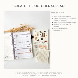 May include: A planner with an October calendar page, a sheet of Halloween-themed stickers, and several sheets of small dot and rectangular scheduling stickers in dusty plum, sunset, charcoal, and adobe colours, with text listing the products shown.