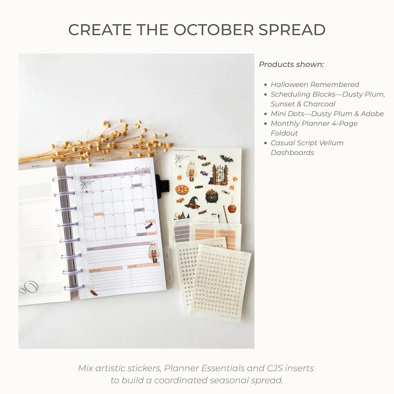 May include: A planner with an October calendar page, a sheet of Halloween-themed stickers, and several sheets of small dot and rectangular scheduling stickers in dusty plum, sunset, charcoal, and adobe colours, with text listing the products shown.