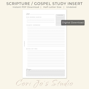 May include: Printable gospel study insert with sections for date, study sources, questions, thoughts, keywords, believe, act, seek, and prayer.  Digital download.  Cori Jo's Studio.