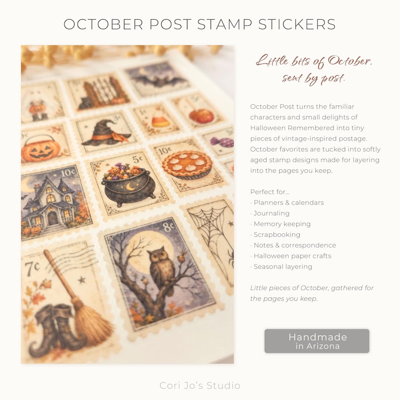 Op de afbeelding: Een vel met rechthoekige stickers ontworpen als vintage postzegels met Halloween-afbeeldingen zoals een spookhuis, een ketel, een pompoen, een uil, een bezemsteel en een spinnenweb, met de tekst OCTOBER POST STAMP STICKERS.